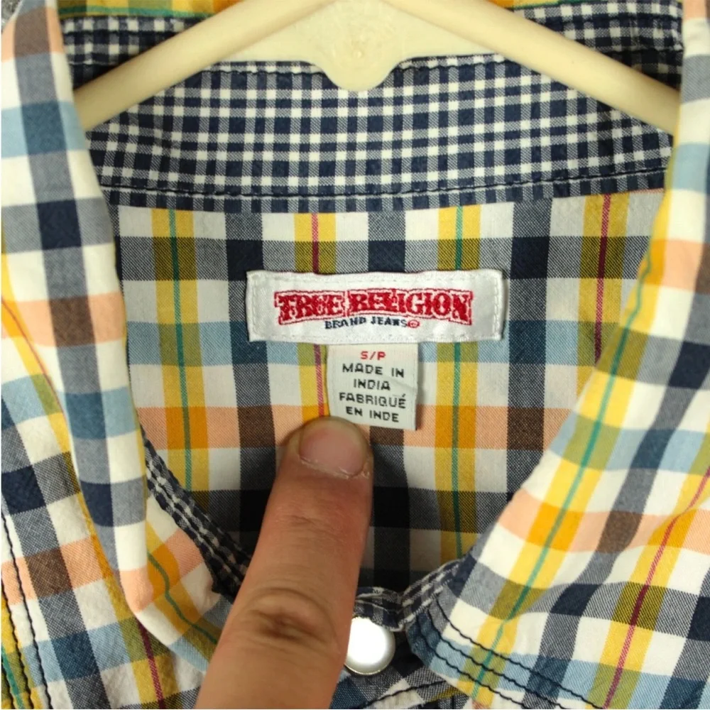 True Religion Men Western Plaid Pearl Snap Short Sleeve Shirt size S Yellow